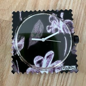 S.T.A.M.P.S. Interchangeable watch face with purple and black floral design